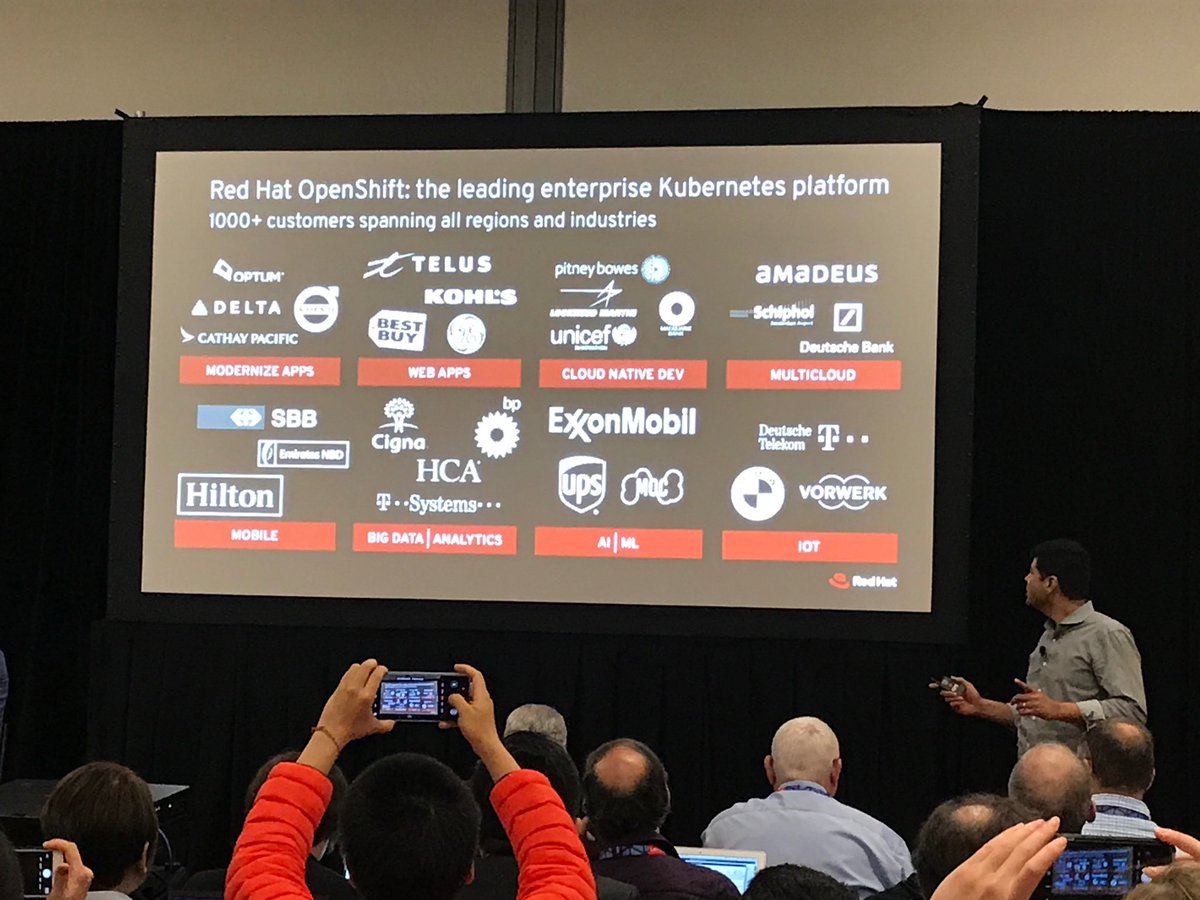 SWGMarcom's tweet image. 1000+ #OpenShift customers and LOTS of those in Europe (I bump into them almost every week in our @RedHatLabs in London) now jointly engineered operated and supported by @Microsoft for Azure  - lots of cool news coming out of #RHSummit #OpenShift4 #pressconf