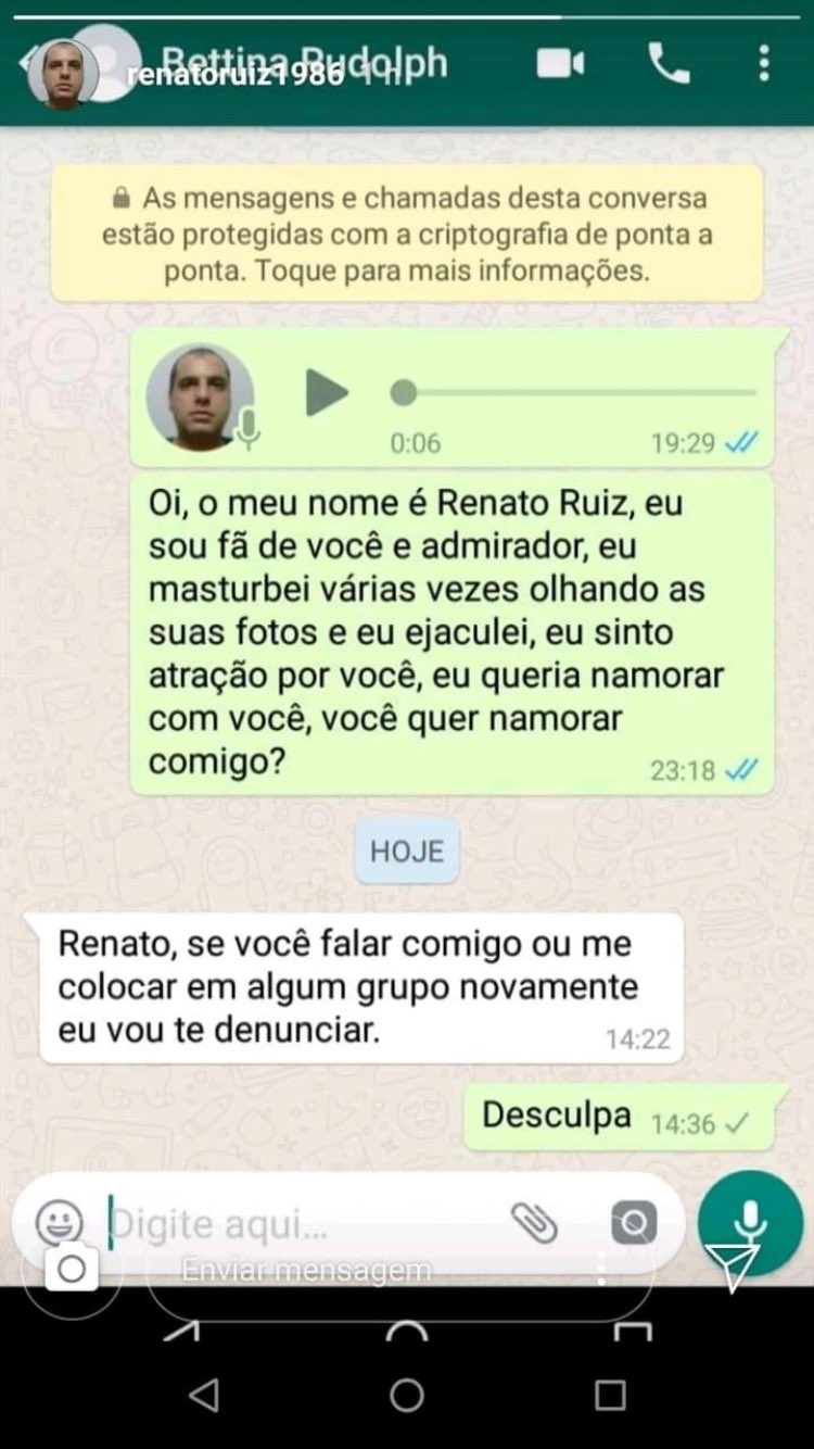 Oi, o meu nome é Renato Ruiz, eu sou fã de você e admirador, eu masturbei  várias vezes olhando as suas fotos e eu ejaculei, eu sinto atração por  você, eu queria