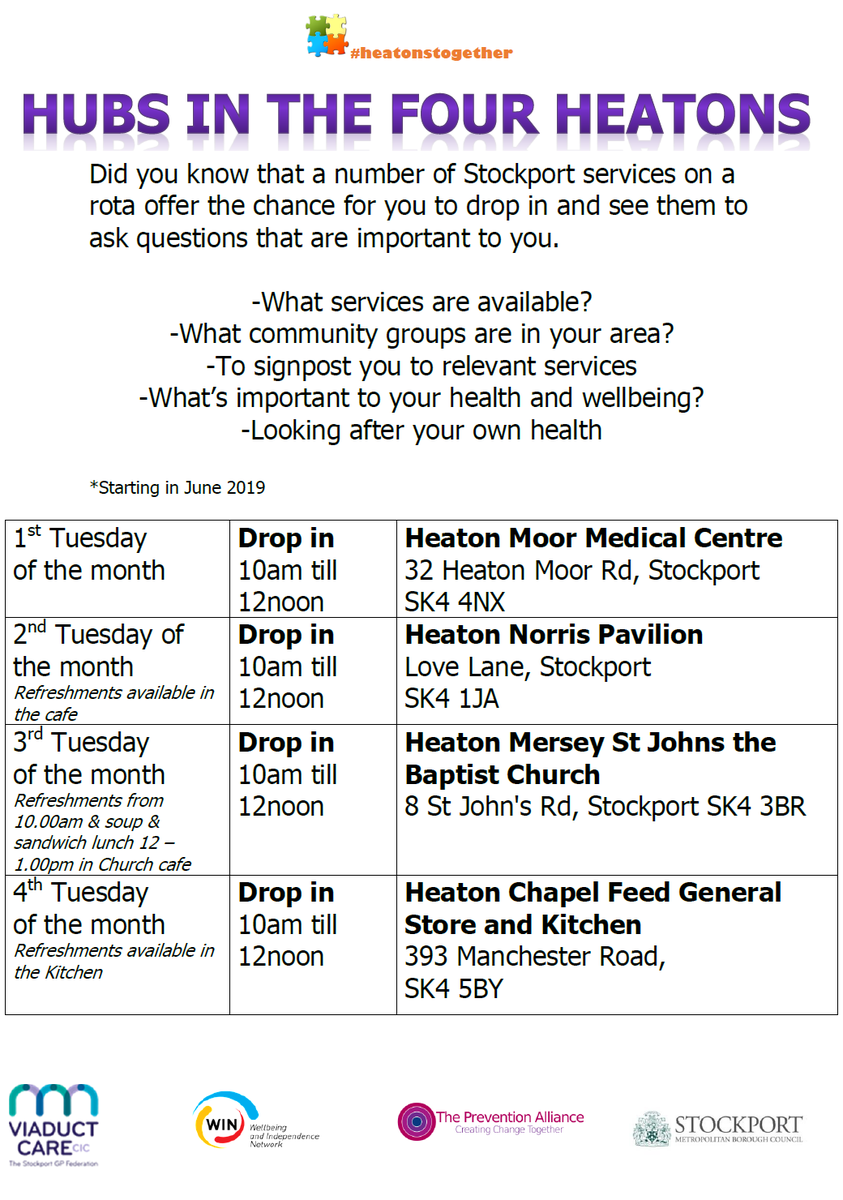 The Four Heatons Hubs supporting whats  important to your health and wellbeing in four different venue across the Heatons.  <a href="/ViaductCare/">Viaduct Care</a>  <a href="/StockportWin/">StockportWin</a> <a href="/StockportTPA/">Stockport TPA</a> <a href="/StockportMBC/">Stockport Council</a> <a href="/NHSStockportCCG/">NHS Stockport CCG</a>