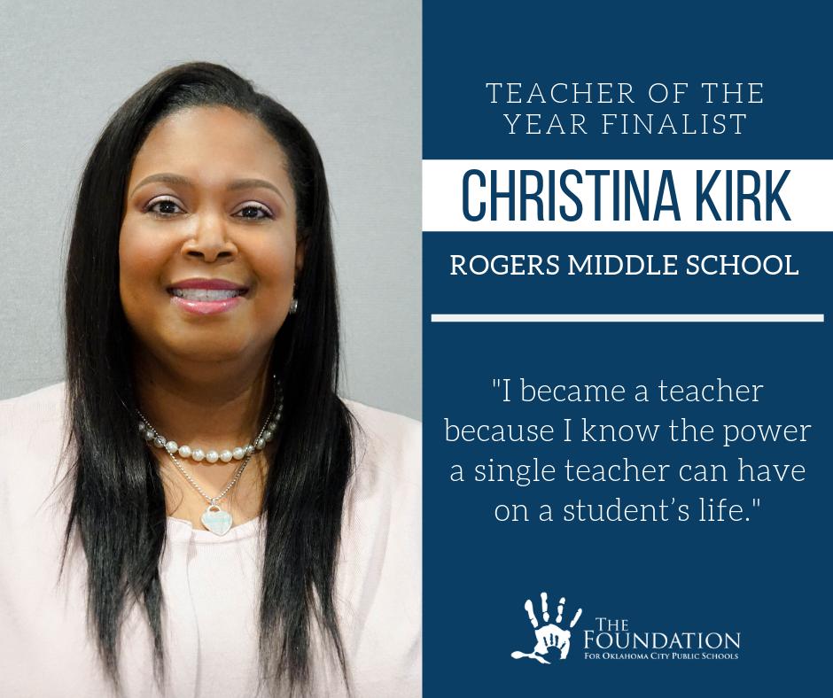 Our last Teacher of the Year finalist is Rogers Middle School's Christina Kirk! She understands how a single teacher can make a lasting change in a student's life.