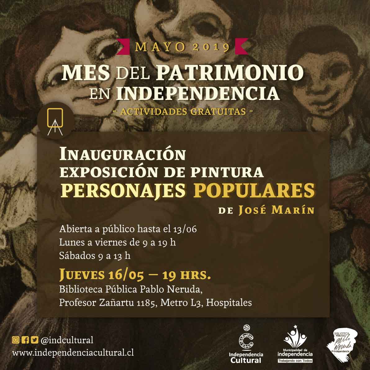 En el marco del Mes del Patrimonio, te invitamos a la muestra de pintura "Personajes populares", de José Marín; vecino emblemático de la población Juan Antonio Ríos, que rescata el folclore y la tradición chilena.
Nos vemos el jueves 16/MAYO, a las 19 hrs., en la <a href="/BcaPabloneruda/">BibliotecaPabloNeruda</a>