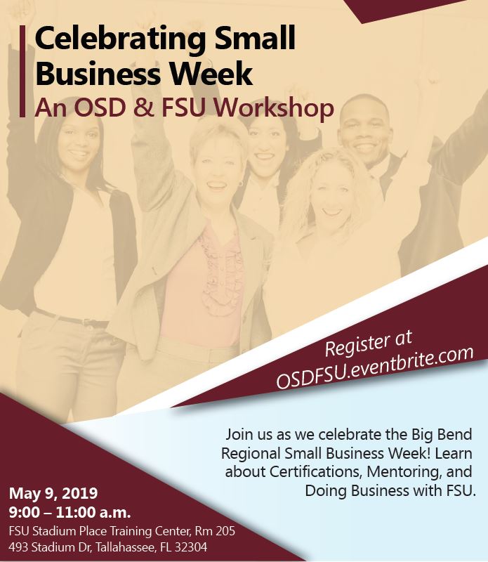 FloridaDMS's tweet photo. The time has come! If you're participating in the @SBDCrattlers Big Bend Regional #SmallBizWeek celebration, be sure to attend tomorrow's Small Business Workshop where you can learn about working with @floridastate and #FLOSD certification: https://t.co/qm8pJtljgL  #iHeartTally https://t.co/dvArzbkzhs