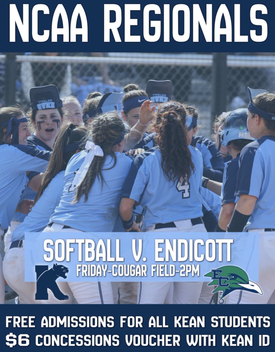 Come out this Friday and support Kean Softball and the NCAA Regional Tournament! #keanrec #keanathletics #keansoftball #ncaasoftball
