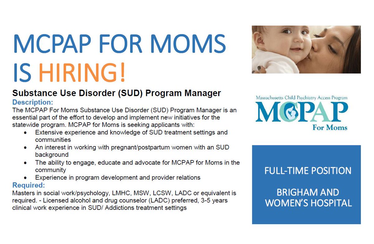 MCPAP for Moms is hiring! Follow the link to apply: brighamandwomens.org/about-bwh/care… <a href="/nancybyatt/">Dr. Nancy Byatt</a>