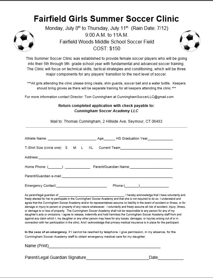 warde_soccer's tweet photo. Fairfield Summer Soccer Clinic, July 8th to July 11th. This is open to all girls grades 4th - 8th. Please contact coach Cunningham for more information. Cunninghamsoccerllc@gmail.com https://t.co/J14FZKm0VV