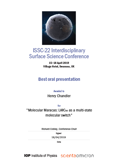 StAndrewsChem's tweet photo. Congratualtions to Henry from the @SchaubGroup, who won the best oral presentation prize at the recent #IOPissc22 conference in Swansea for his work on:
Molecular Maracas: Li@C₆₀ as a multi-state molecular switch
#StAChem https://t.co/boMDpDZdqi