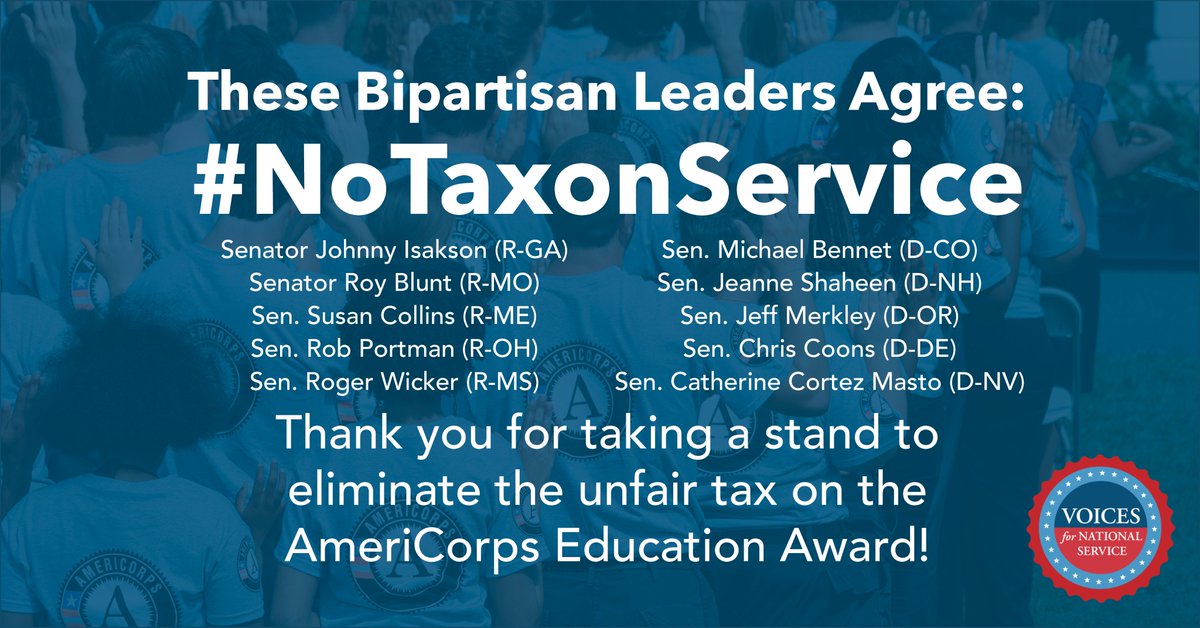Voices4Service's tweet photo. Young people who serve through @AmeriCorps shouldn't face an unexpected tax bill on their AmeriCorps Education Award. We're grateful to @SenatorIsakson and @SenatorBennet for sponsoring legislation to remove the tax on the education award. #NoTaxonService https://t.co/fptmASBG3d