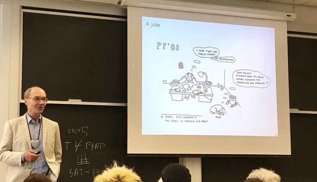 StefanSzeider's tweet image. Pavel Pudlák ends his talk with a joke about P vs NP. Symposium on 50 Years of Complexity Theory: A Celebration of the Work of Stephen Cook. @FieldsInstitute @UofT #ComplexityTheory #NP50 #Algorithms