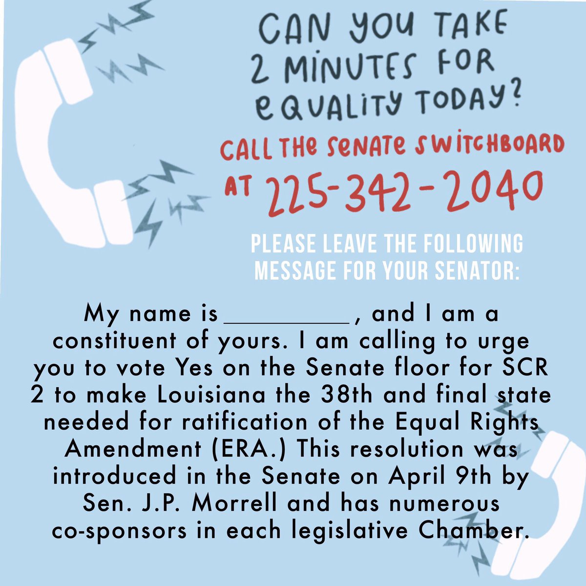 AshleyShef14's tweet photo. The ERA will be voted on at 3 today on the Senate floor!!!! GET YOUR CALLS IN BEFORE 3. Senate switch board number is 225-342-2040. Now is the time people!!! #LaRatifyERA #MakeLa38 https://t.co/DGkOdzbEwh