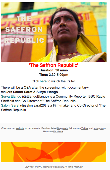 SAsiaLSE's tweet photo. 🗓️WEDNESDAY 15 MAY 2:30-5:00: Listen to @pbhushan1 discuss the threats to the constitution in India today, followed by a screening + Q&amp;A with co-directors of 'The Saffron Republic' @ElangoBlango &amp; @salonisaraf26. Tickets free, registration essential: https://t.co/uNlhWRULQW https://t.co/u8r5gqTqfL