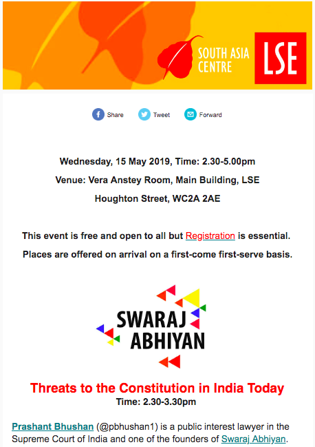 SAsiaLSE's tweet photo. 🗓️WEDNESDAY 15 MAY 2:30-5:00: Listen to @pbhushan1 discuss the threats to the constitution in India today, followed by a screening + Q&amp;A with co-directors of 'The Saffron Republic' @ElangoBlango &amp; @salonisaraf26. Tickets free, registration essential: https://t.co/uNlhWRULQW https://t.co/u8r5gqTqfL