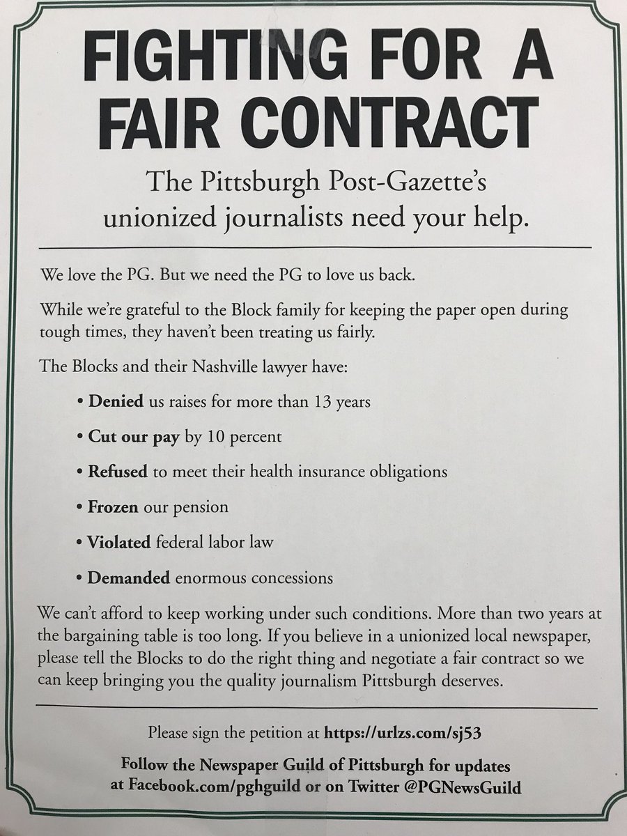This is what @PGNewsGuild is fighting for. Please sign the petition mentioned at the bottom of the flyer. Stalwart Guild members are distributing them right now outside PNC Park. #GuildStrong