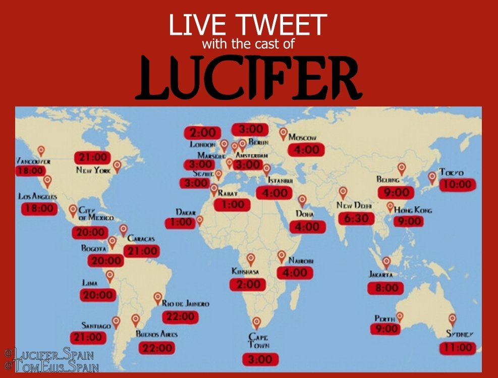 TomEllis_Spain's tweet photo. ⚠️ INTERNATIONAL TIMES FOR LIVE TWEETING WITH THE CAST OF LUCIFER ⚠️

Ask us if you don't know what your time is.

Remember:

- Use #Lucifer and #LuciferSeason4.
- Every view counts.

Please, RT to spread the word! https://t.co/If5wJOSIcl