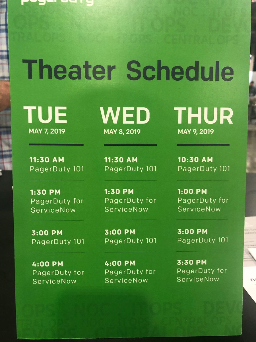 pagerduty's tweet image. Check out our theatre schedule at our booth #737 at #Knowledge19! Visit us today and tomorrow to learn more about #PagerDuty and our @ServiceNow integration