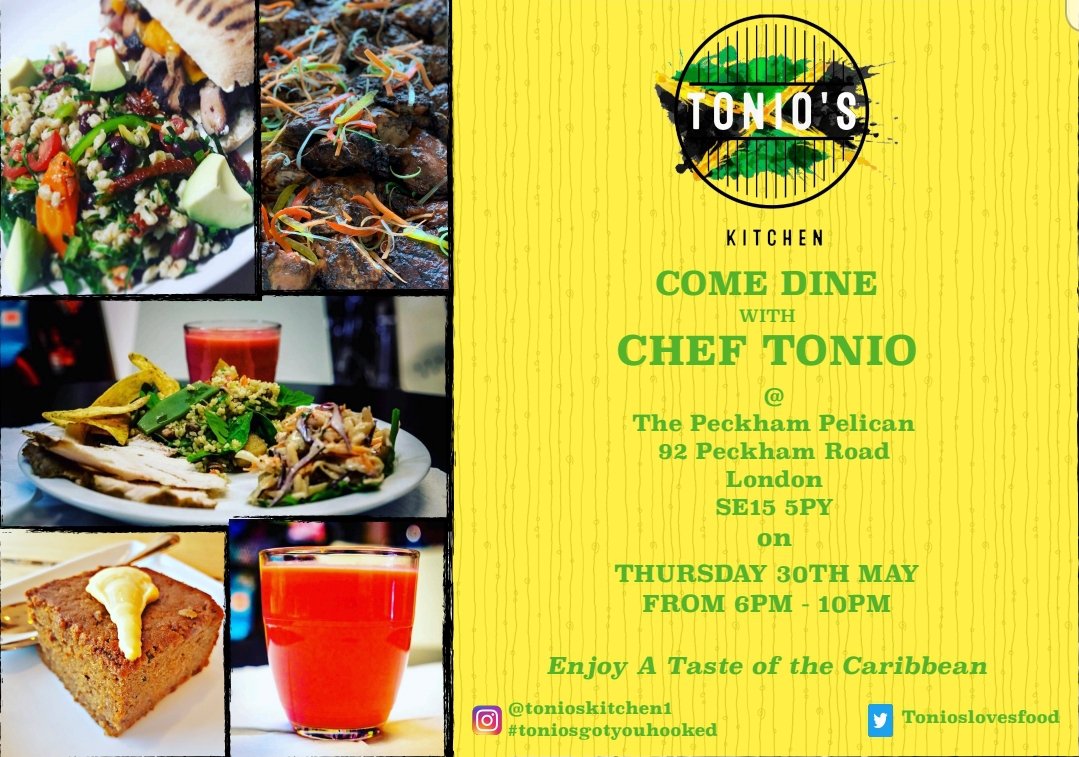 <a href="/Toniolovesfood/">Tonio's Kitchen</a> - Tonio's Kitchen will be <a href="/PeckhamPelican/">The Peckham Pelican</a> Cafe -      Save The Date and Join ME on 30th May 2019 - 1800 - 2200 -                     Enjoy a Taste of the Caribbean  😋😋😋. #jamaicanfood in #London sure taste Good @ Tonio's Kitchen