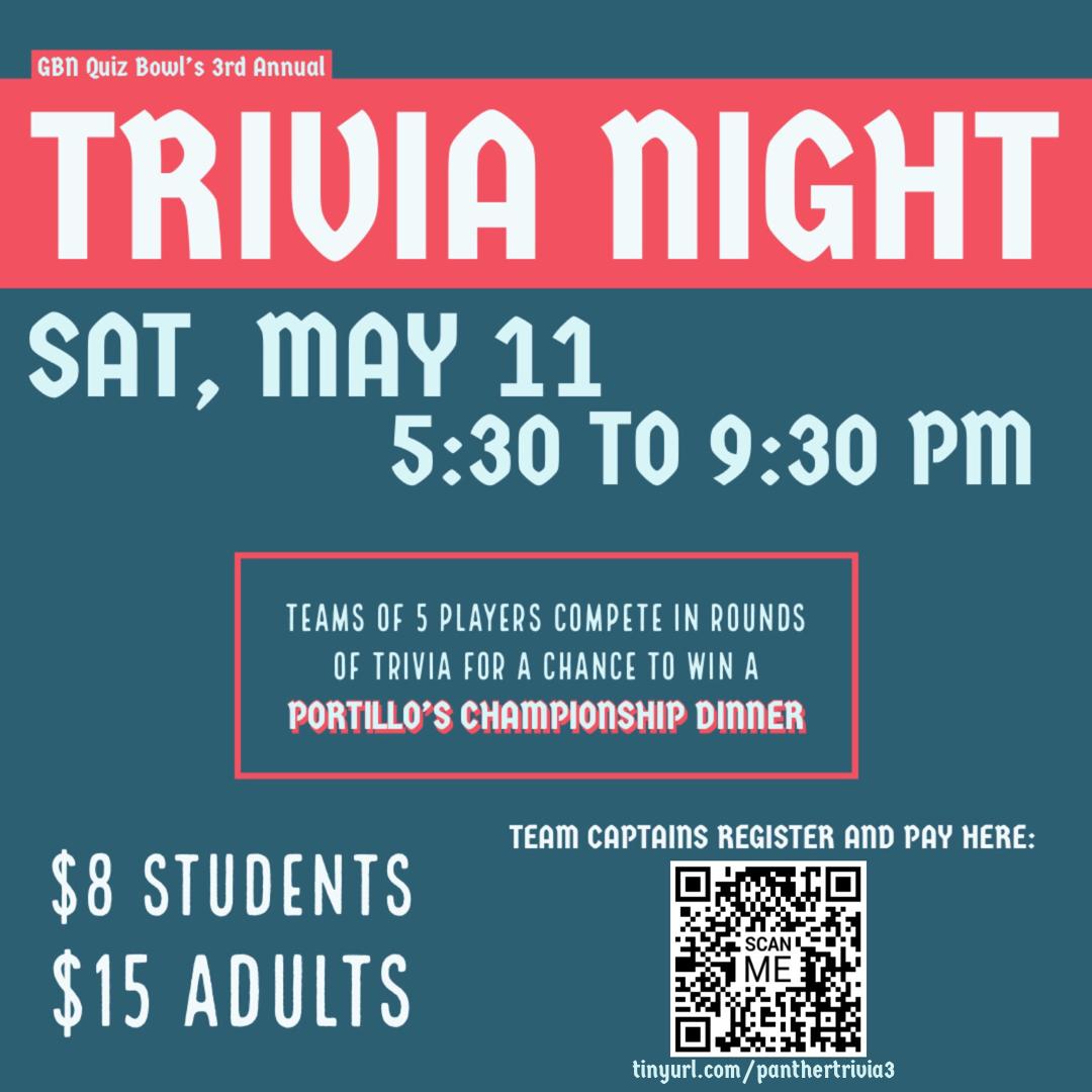 Panther Quiz Bowl (@gbnquizbowl) on Twitter photo Everyone @GBNPanthers, <a href="/GlenbardDist87/">GlenbardDist87</a>, and surrounding community (<a href="/CarolStreamPL/">Carol Stream Public Library</a> and <a href="/carol_stream/">Village of Carol Stream</a>) are invited to Glenbard North's 3rd Annual Panther Trivia Night!
This will be a terrific night of <a href="/Jeopardy/">Jeopardy!</a> with friends and family! Register @ tinyurl.com/panthertrivia3 Everyone @GBNPanthers, <a href="/GlenbardDist87/">GlenbardDist87</a>, and surrounding community (<a href="/CarolStreamPL/">Carol Stream Public Library</a> and <a href="/carol_stream/">Village of Carol Stream</a>) are invited to Glenbard North's 3rd Annual Panther Trivia Night!
This will be a terrific night of <a href="/Jeopardy/">Jeopardy!</a> with friends and family! Register @ tinyurl.com/panthertrivia3