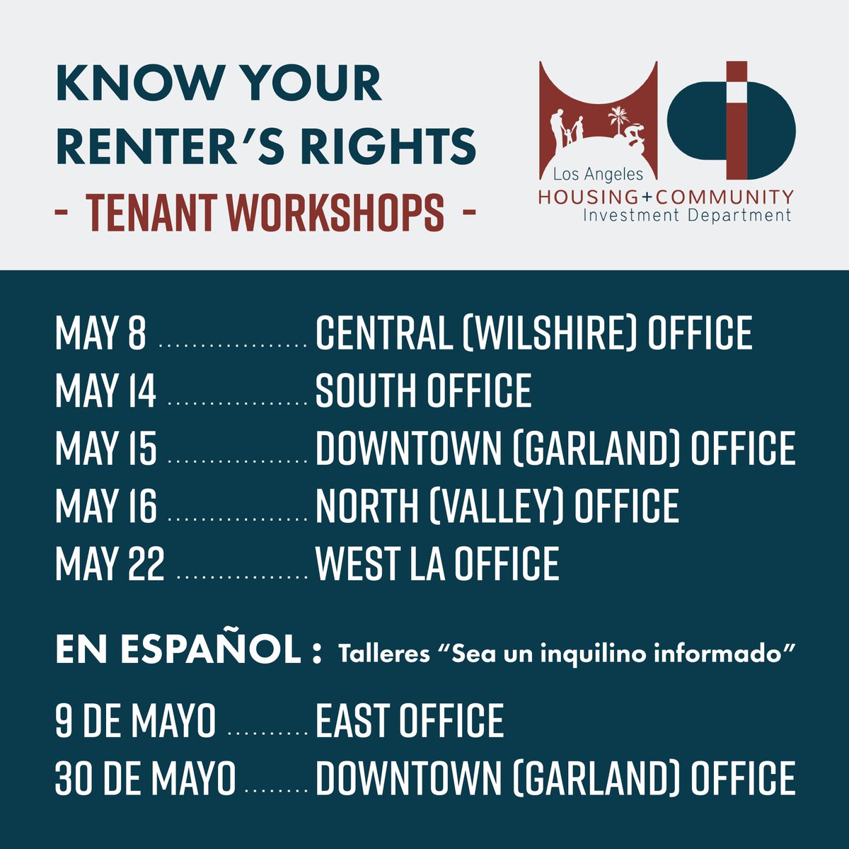 flyer listing dates for the HCIDLA renters rights workshops happening during May 2019. Click the link in the tweet to get the full list including dates, times, and locations of all workshops in both English and Spanish