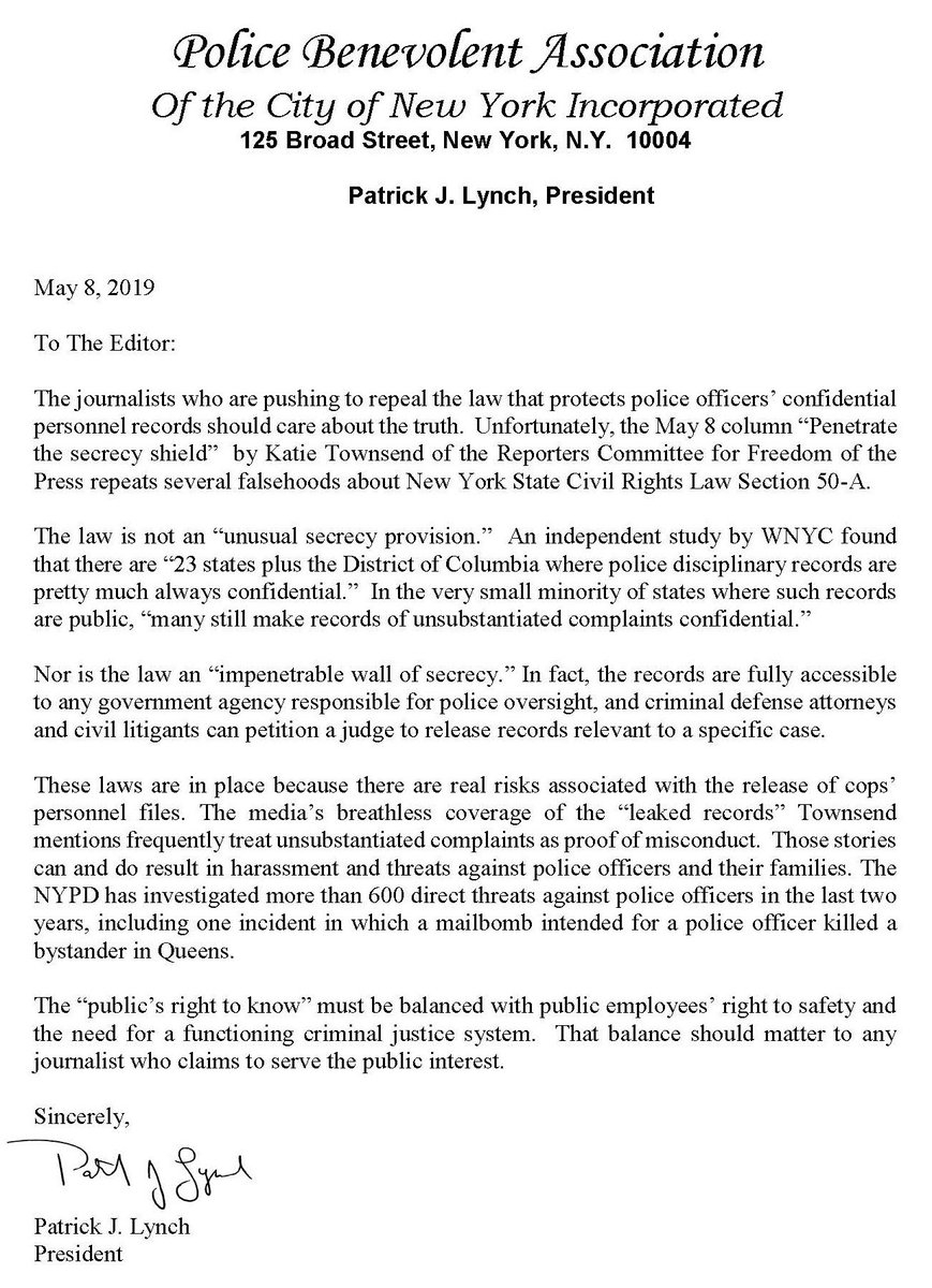 NYCPBA's tweet image. .@NYCPBA answers @rcfp op-ed in @NYDailyNews. Journalists should stand up for truth, not spread agenda-driven falsehoods. The vast majority of states protect police personnel files.  #Repeal50a would leave NY dead last, putting cops at risk.