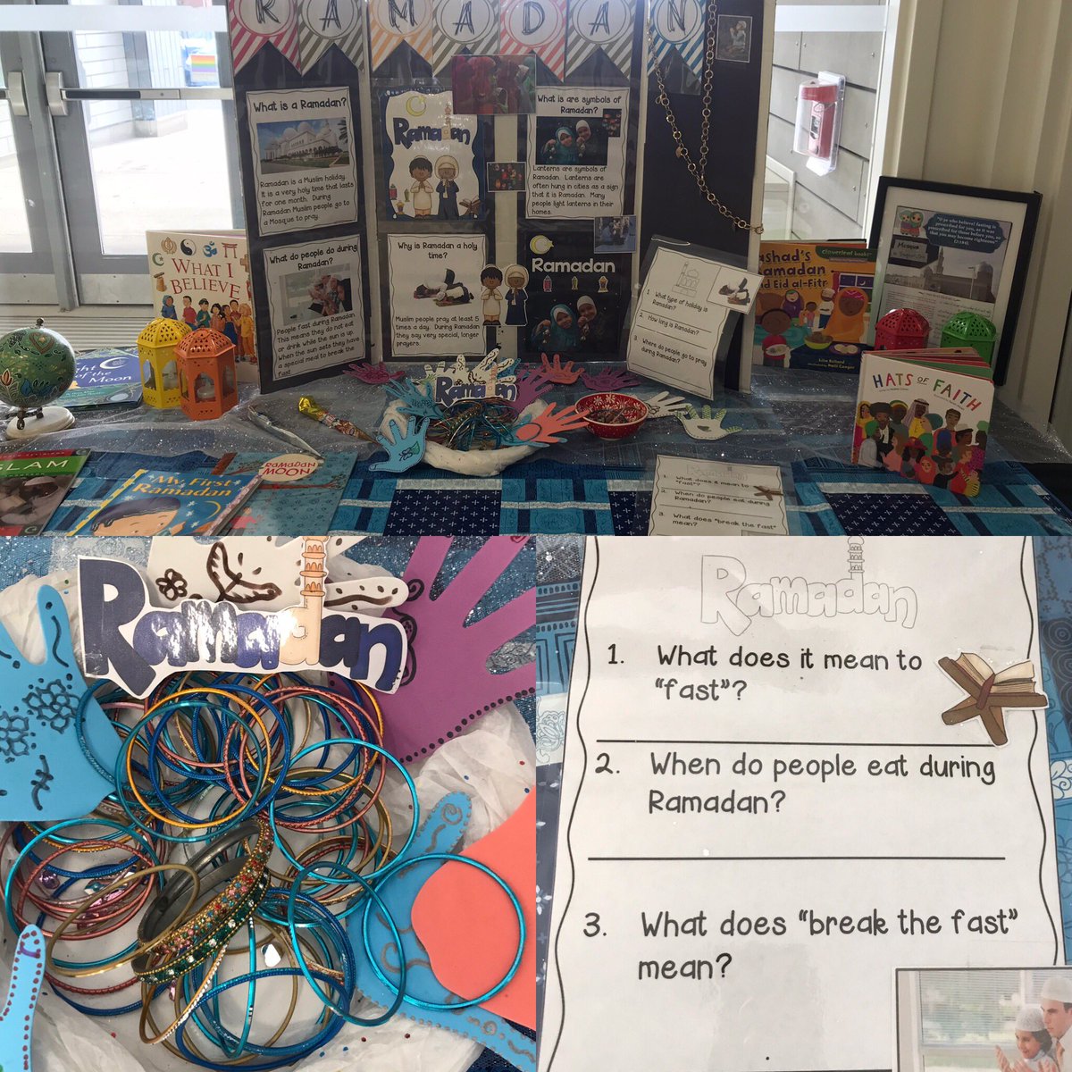 brandy_rafeek's tweet photo. My son was so excited to walk into Chris Hadfield elementary school tonight, for basketball, to see such a fabulous #Ramadan display! βMommy, you have those braclets! Look, they know all about it!β Nice job @ChrisHadfieldSc!! #inclusive #seeingyourselfπππ https://t.co/rezNeZ2HS2