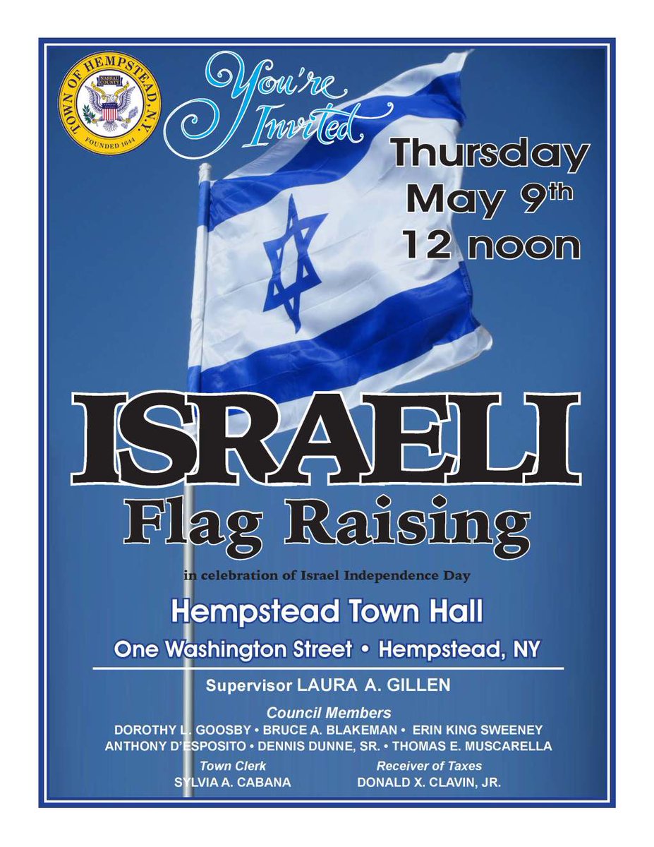 THURS 5/9 @ 12 NOON – ISRAELI FLAG RAISING AT HEMPSTEAD TOWN HALL! mbjccouncil.org/2019/05/08/thu…