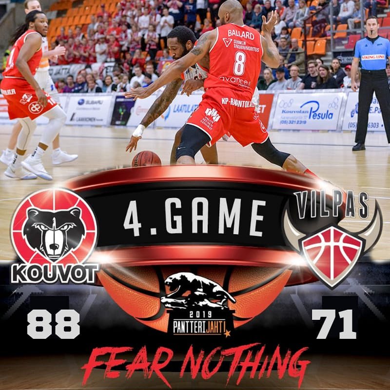 Kouvot's tweet photo. Voitto 🔥🔥🔥 

Tänään johdettiin alusta loppuun. Otteluvoitot nyt tasan 2-2. Game 5 perjantaina 10.5. Salossa ja game 6 äitienpäivänä 12.5. Lumon Areenalla.

Gonzalvez 21/6/10 syöttöä
Gipson 19/7
Morgan 14/9
#kouvot #korisliiga #playoffs #kevät https://t.co/h4DqyWBzqA