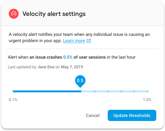 Firebase Crashlytics now lets you customize your velocity alerts so you can determine when you'd like to be alerted about changes in your app's stability #io19. Migrate from Fabric to Firebase today to get this capability fabric.io/firebase_migra…