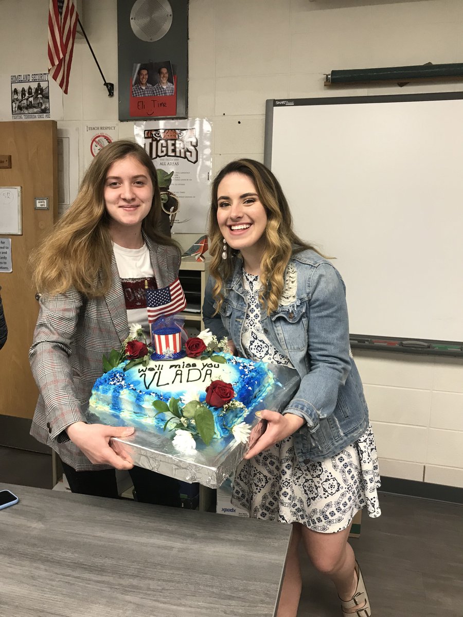 BRFHighSchool's tweet photo. Student Senate said goodbye to Ukrainian exchange student Vlada Flerchuk today. Flerchuk served as Student Senate President this school year. Senior Sydney Sampson-Webb baked a cake to celebrate Vlada and the impact she has made on BRFHS. We'll miss you, Vlada! #tiGRRpride https://t.co/tKd1hGnou4