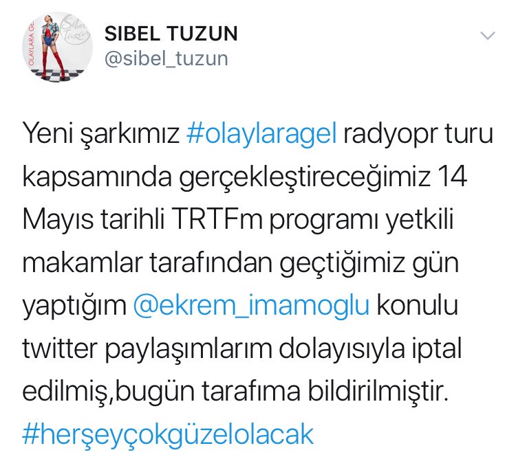 Sibel Tüzün, yeni şarkısını tanıtacağı programın, yaptığı Ekrem İmamoğlu paylaşımları nedeniyle TRT FM tarafından iptal edildiğini açıkladı.