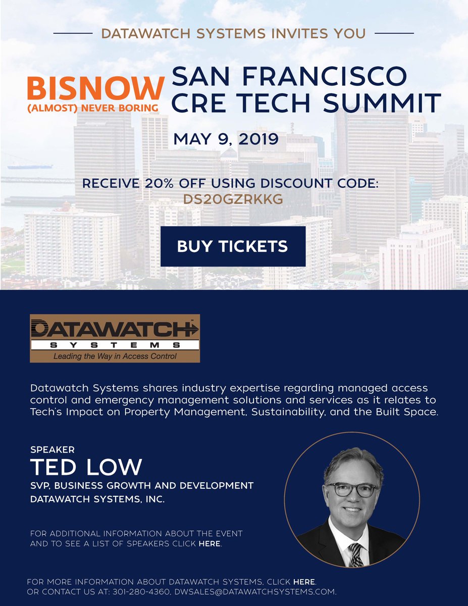 DatawatchSys's tweet photo. Last chance! Looking forward to seeing our Bay Area friends tomorrow at @BisnowSF #CRE #Tech Summit https://t.co/nrs3Z3lRUO #SanFrancisco #commercialrealestate #PropertyManager #propertymanagement #AccessControl #emergencymanagement #CRETechSummit https://t.co/GfBzQseiKO