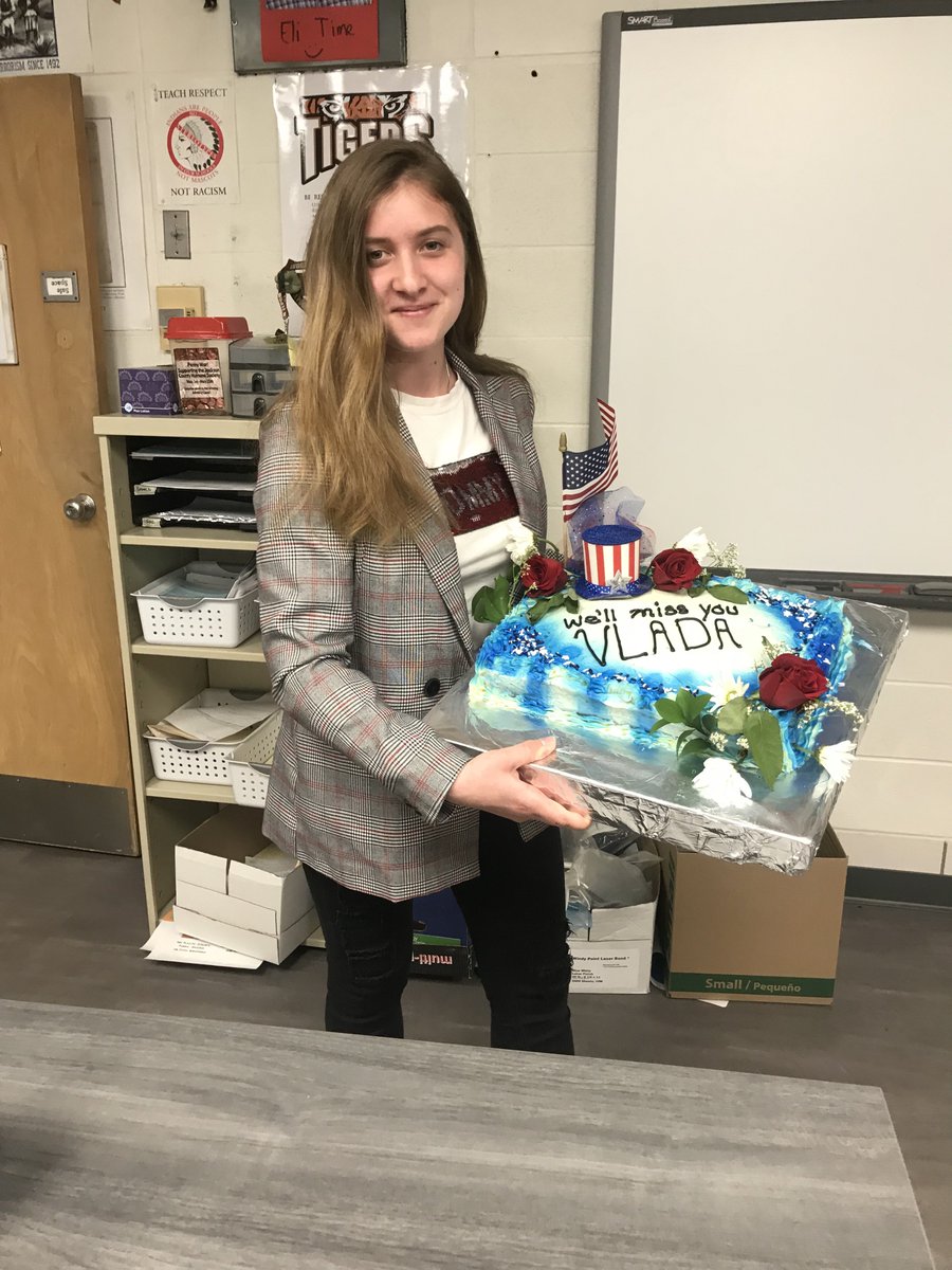 BRFHighSchool's tweet photo. Student Senate said goodbye to Ukrainian exchange student Vlada Flerchuk today. Flerchuk served as Student Senate President this school year. Senior Sydney Sampson-Webb baked a cake to celebrate Vlada and the impact she has made on BRFHS. We'll miss you, Vlada! #tiGRRpride https://t.co/tKd1hGnou4