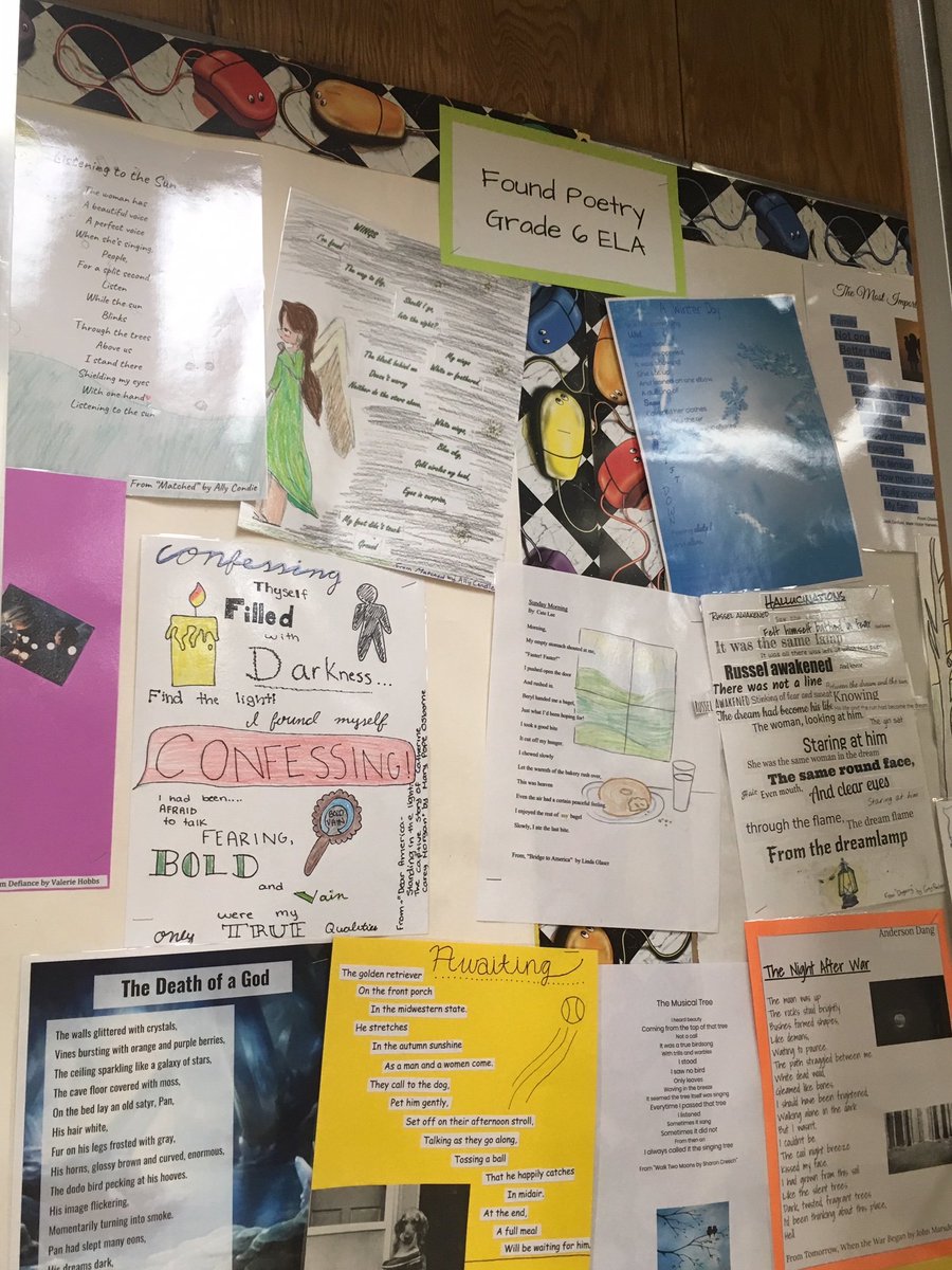 CMSLibraryHCPSS's tweet photo. CMS 6th graders made found poems using weeded books! https://t.co/45VqGFdWPL