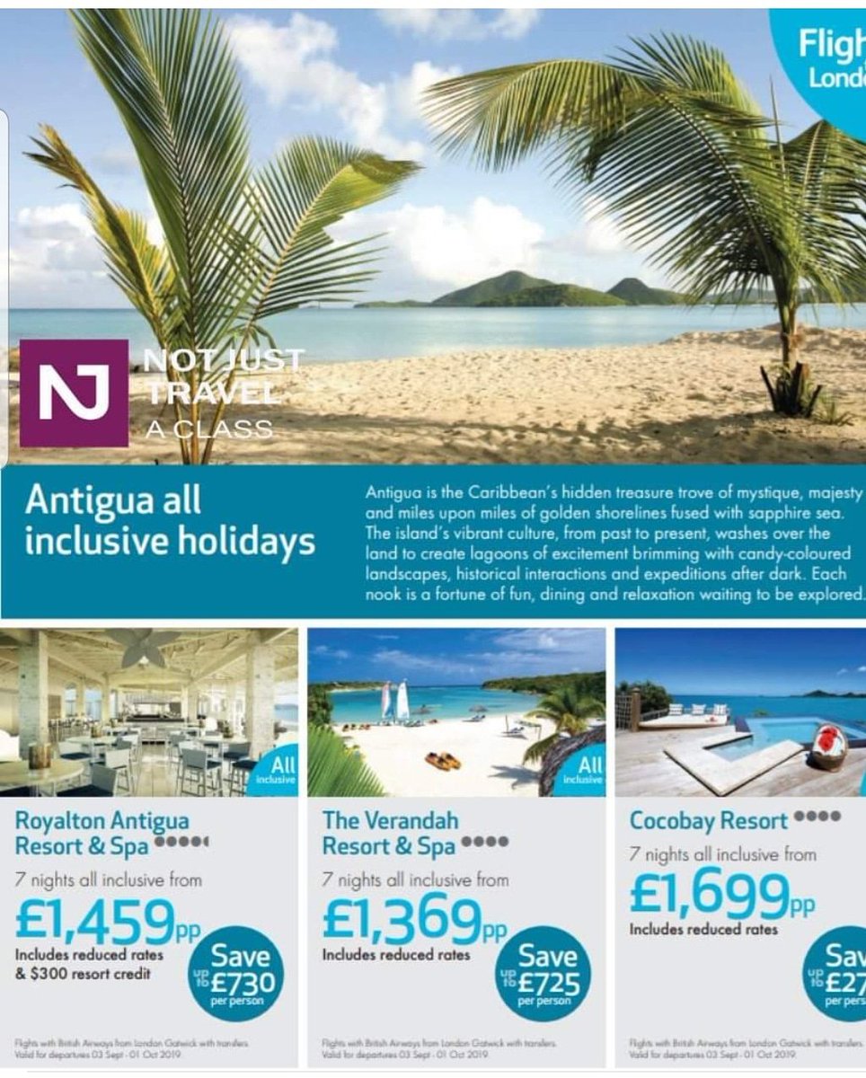 AClassTravel_'s tweet photo. 📣 Antigua all inclusive holidays 😍
👉 7 nights all inclusive from ONLY £1,369pp
Book Now on ☎️ 07886 450 119
Antigua’s claim to fame is that it has 365 beaches—“one for every day of the year”—so it’s easy to see why the Caribbean island is a favourite spot for sun-seekers. https://t.co/18aKLGObXp
