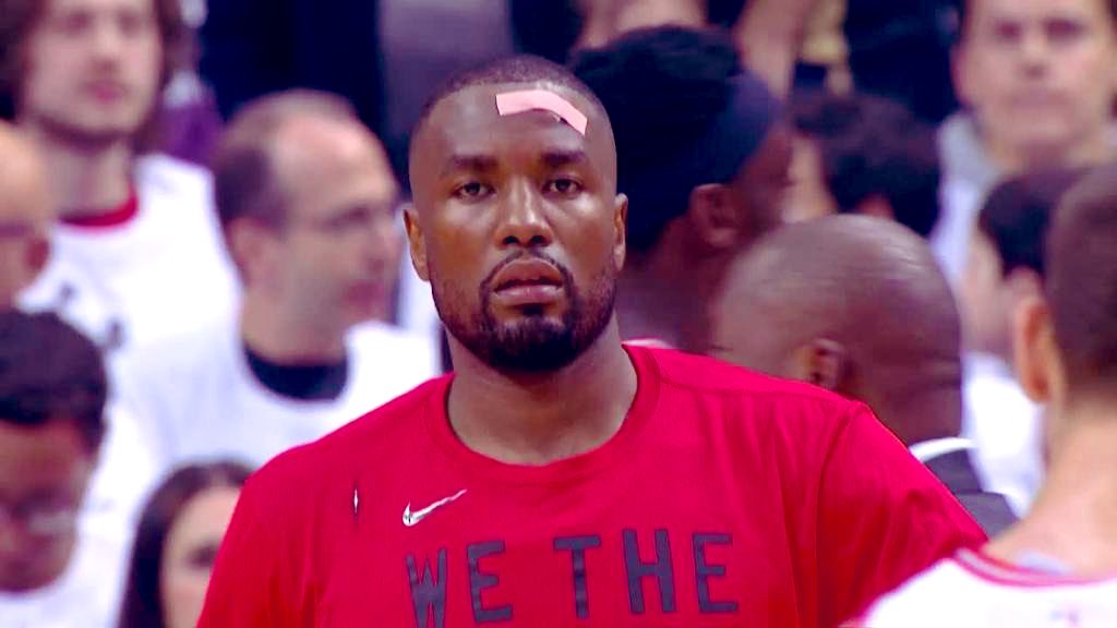 sergeibaka's tweet photo. Thanks for the three stitches Kawhi, now I might need to give up my modeling career 😂😂 https://t.co/X7sJrJK300