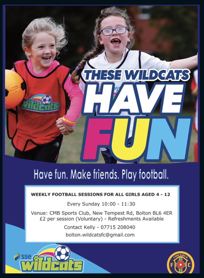 We are looking for more girls in year 1 to join our new under 7 girls’ team.  

We train on Tuesday evening, 6-7pm, at CMB FC. 

Not sure whether your daughter would like to play?  Bring her to our #SSEWildcats session on Sunday mornings to try football, commitment free. 

⬇️⬇️⬇️