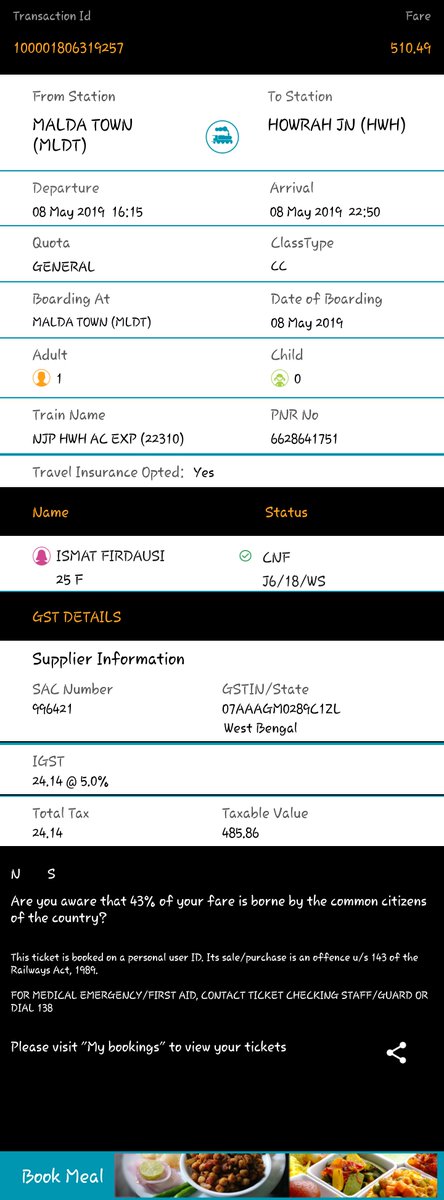 SupravathGupta's tweet photo. @EasternRailway I have booked ticket(PNR 6628641751)onNJP HWH ac exp(22310)that was scheduled to arrive at malda station at4.10pm on8th may 2019.But arrived at mldt at 9.22 pm and departed at 9.50pm.Taking this much time to cross so little a distance235km is totally unacceptable. https://t.co/tMlX7uWrVy