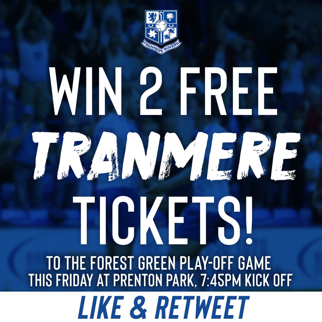 TranmereRovers's tweet image. 🎁 COMPETITION TIME!

Win two free tickets to Friday night's Play-Off game at Prenton Park! Simply RT and like to enter. Good luck 🤞

Buy tickets online here 👉 bit.do/eRRYF

#TRFC #SWA
