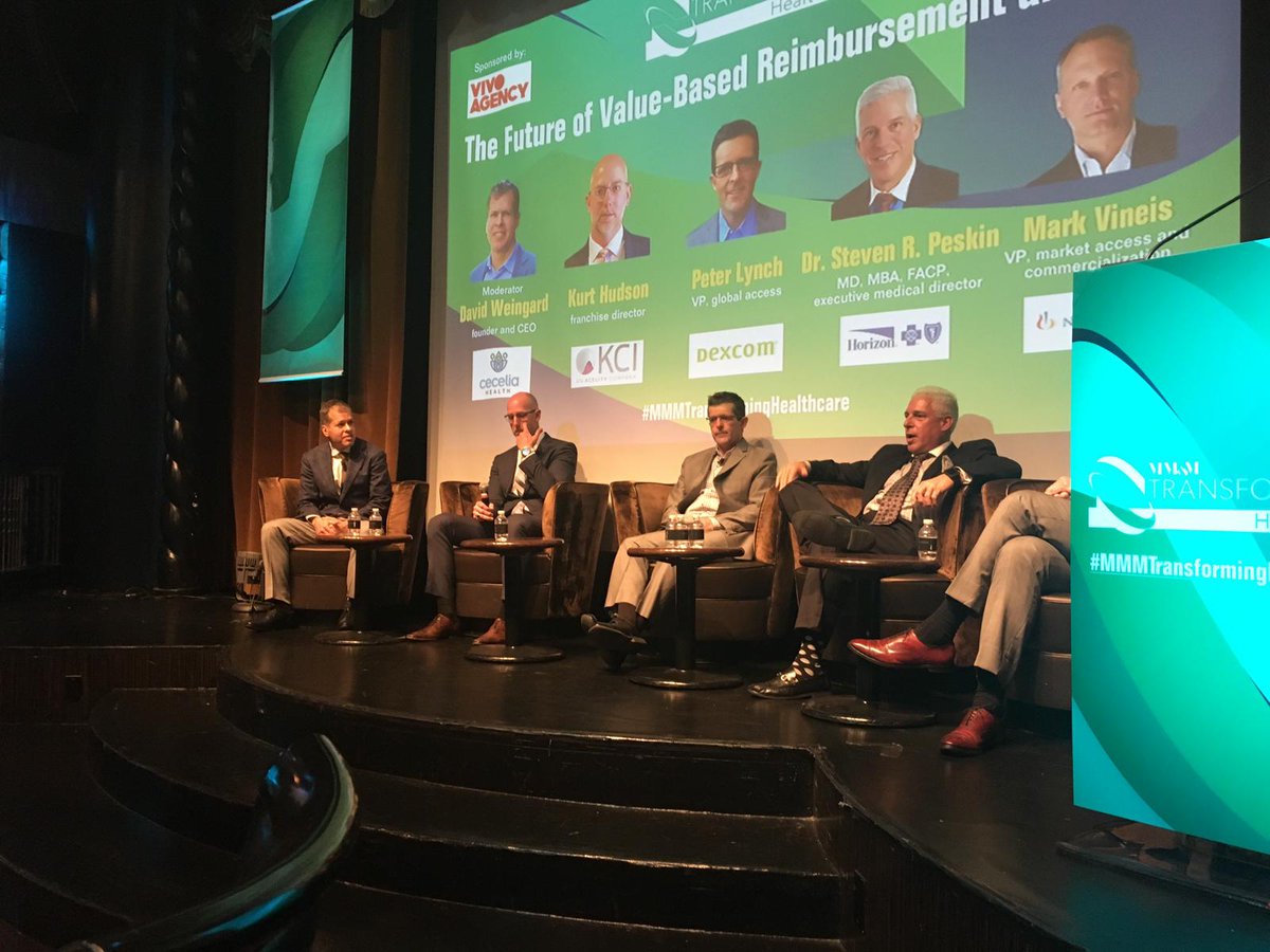 CeceliaHealth's tweet image. The Future of #ValueBasedReimbursement and Care with Kurt Hudson of KCI, Peter Lynch of Dexcom, Dr. Steven Peskin of Horizon BCBS and Mark Vineis of Novartis. #MMMTransformingHealthcare
