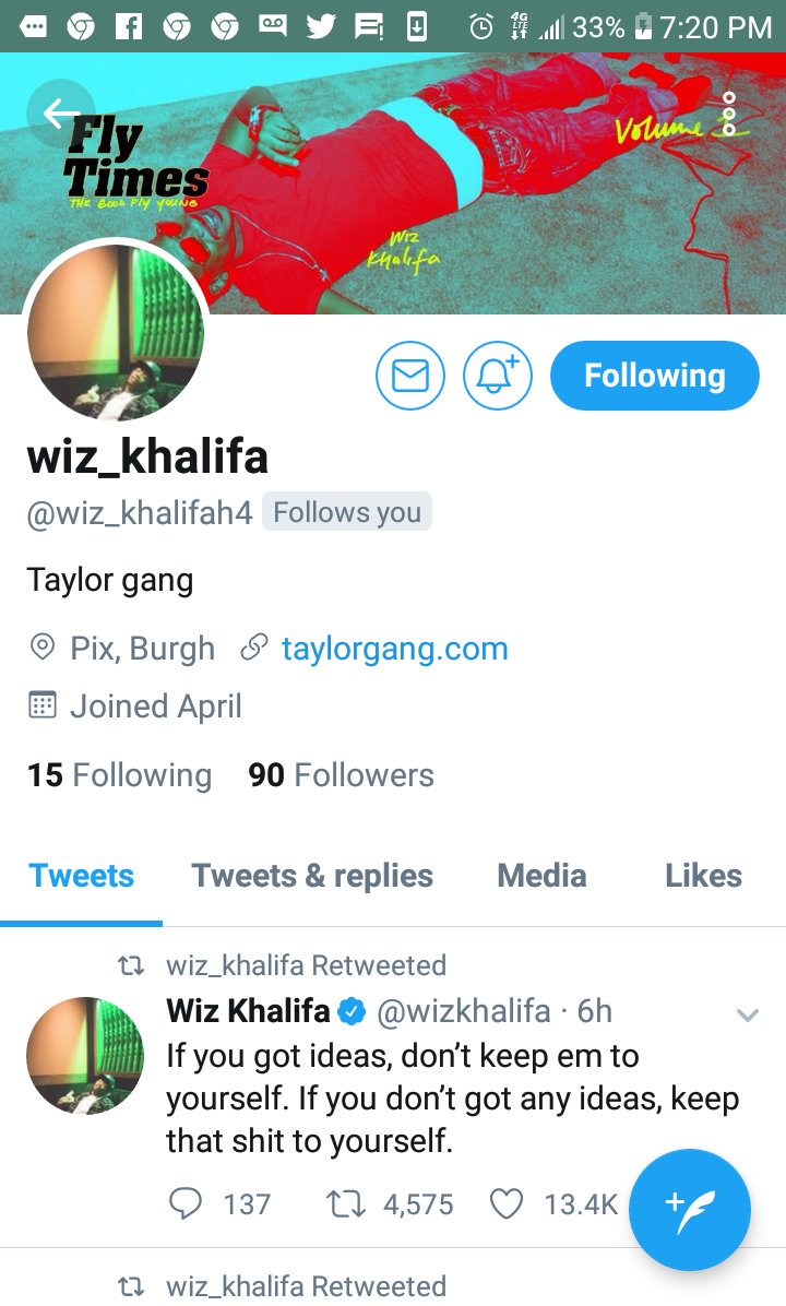 MFatik1's tweet photo. @wizkhalifa Be aware of someone sending replies off of this account https://t.co/KEbyVtAorP