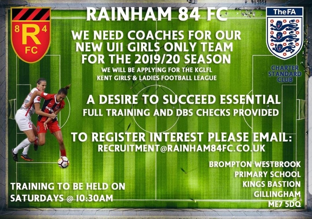 ⚽️ Do You Love Coaching ⚽️

Rainham 84 FC Are Putting Together Their First Ever Girls Team For 19/20 season!

The New U11’s are looking for a Manager, is this you?

Email recruitment@rainham84fc.co.uk for details.

<a href="/KGLFL/">Kent Girls & Ladies Football League</a> <a href="/Rainham84_fc/">Rainham 84 FC</a> #girlsfootball