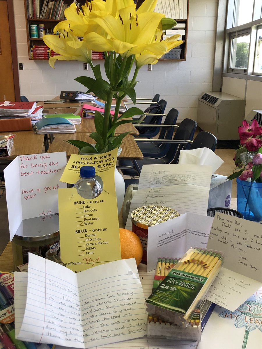 teacherbyrd's tweet photo. Teacher Appreciation Week has been just wonderful! We’ve been showered with flowers, special notes, school supplies, room service from the SCA, and lots of love from our students! I even got a 10 minute massage! I love this week! #PAMSHasJoy #VBHasJoy https://t.co/I0T8WHwXyN