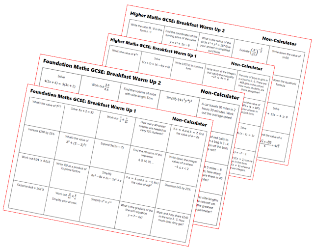 mathsjem's tweet photo. As we approach the first maths GCSE exam of the year, just a reminder that last year I shared a set of breakfast warm-ups that can be used either on the morning of the exams or in the lessons leading up to them. There are 3 sets for each tier.

https://t.co/6WG1mYELjC

#teammaths https://t.co/oGoLdounv8