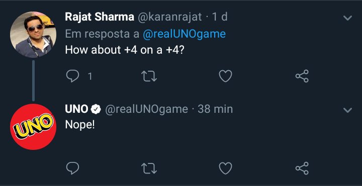 O perfil oficial do uno no twitter disse que não se pode jogar um