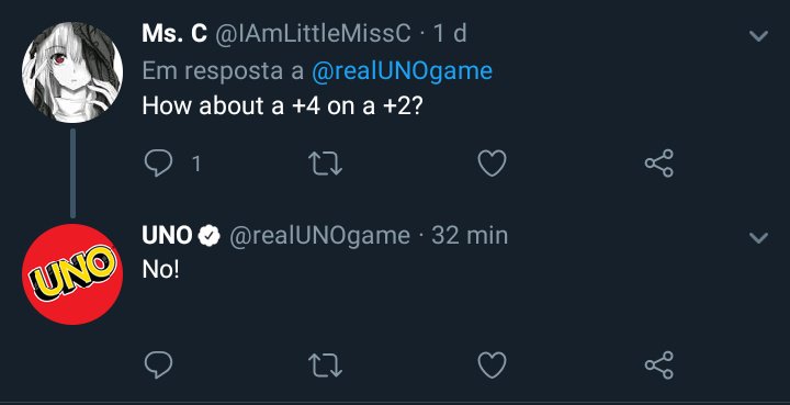 rfl0001's tweet photo. o perfil oficial do uno no twitter disse que não se pode jogar um +4 por cima de outro +4, nem um +4 por cima de um +2 e nem um +2 por cima de outro +2

concluímos aqui que o uno não sabe jogar o próprio jogo https://t.co/Isnn78BiyX