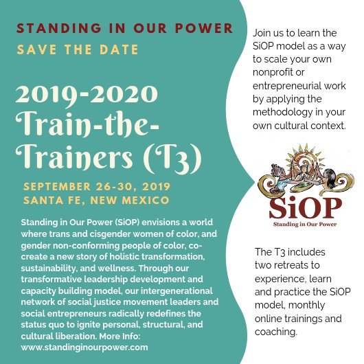 SiOPNetwork's tweet photo. The next Standing in Our Power Train-the-Trainers (T3) cohort launches this September in Santa Fe, NM. Please save the date and be in touch with us via https://t.co/JIGS8qZhtN if you'd like to learn more.

#GetFREEwithSiOP #Transformation #LeadershipDevelopment #WomenOfColor #WOC https://t.co/uhnDVNfB4Y