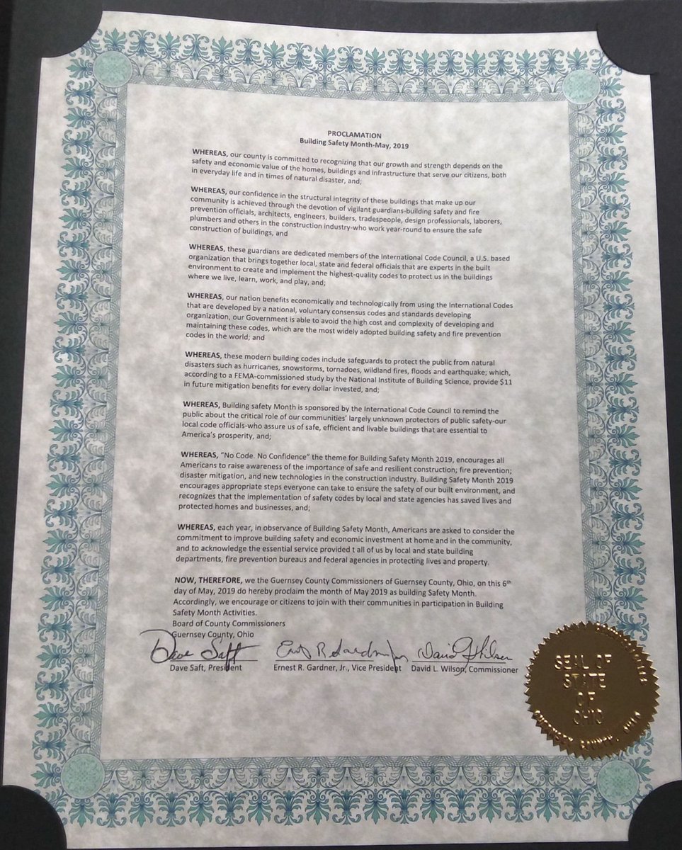 OhioBuilding's tweet photo. Guernsey County Commissioners adopt resolution proclaiming the month of May 2019, Building Safety Month. https://t.co/QBJlI6o4ji