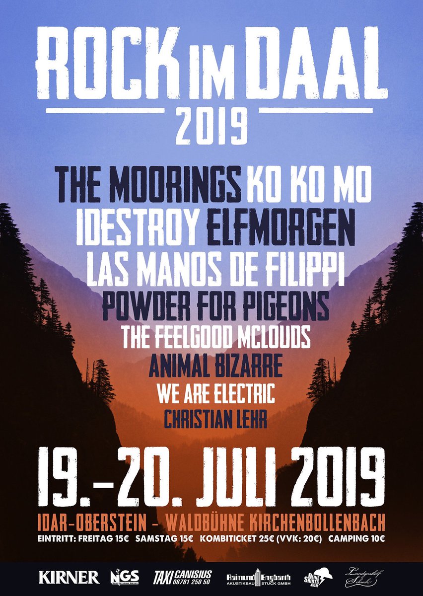 rockimdaal's tweet photo. Rock im Daal 2019 - 19./20.7.
#rockimdaal #rocknroll #openair #idaroberstein #festival #music #love #peace #friends #rid #rid19 #themoorings #kokomo #idestroy #elfmorgen #lasmanosdefilippi #powderforpigeons #thefeelgoodmclouds #animalbizarre #weareelectric #christianlehr https://t.co/KHRL78h3zL
