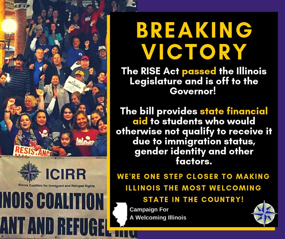 icirr's tweet photo. VICTORY! The RISE Act passed the Senate with a 35-15 vote, sending it on its way to the Governor's desk! Congratulations to all the young leaders and ICIRR members who invested time and energy to getting this bill done! One more victory towards a #WelcomingIL https://t.co/z9yR1mRMP1