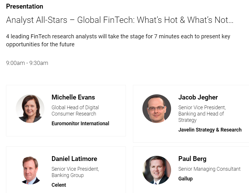 JavelinStrategy's tweet photo. 1 days until @JavelinStrategy 's @jjegher hits the stage at @Finovate Spring in San Francisco. Don't miss his Analyst All-Stars - Global FinTech: What’s Hot &amp; What’s Not…on Thursday May 9 at 9:00am.  Register with VIP code FKV2353JAVLK and save 20% https://t.co/YoIZP4nhRD https://t.co/VBJtZw1077