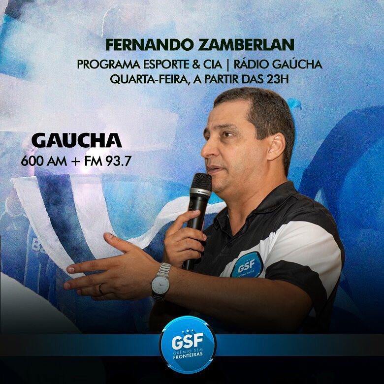 gremiosfr's tweet photo. Após a decisão pela Libertadores, acompanhe o #GSF na Rádio Gaúcha! Fernando Zamberlan representará o Grêmio Sem Fronteiras no programa Esporte &amp; Cia. A partir das 23h desta quarta-feira, fique ligado através das plataformas AM600, FM93.7 e https://t.co/hHXOFWlgWq 

#GSFNaMidia https://t.co/j8xKFCSs5X