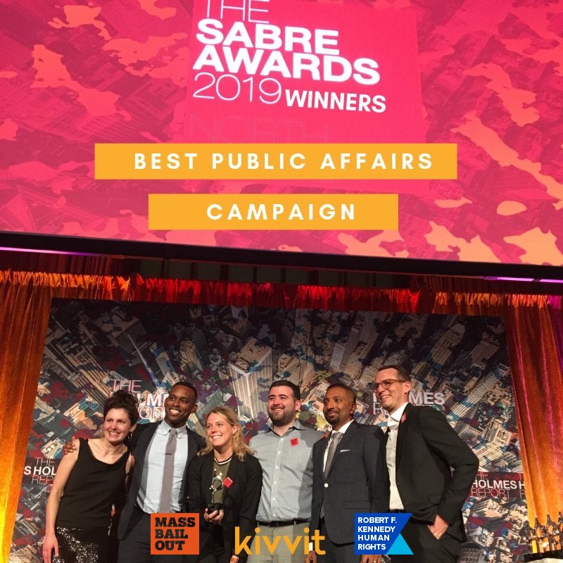 A well-deserved win last night at the @holmesreport 2019 Sabre Award for Best Public Affairs Campaign for #MassBailOut! 

Congratulations to @TeamKivvit &amp; <a href="/RFKHumanRights/">Robert F. Kennedy Human Rights</a> for receiving this incredible honor!